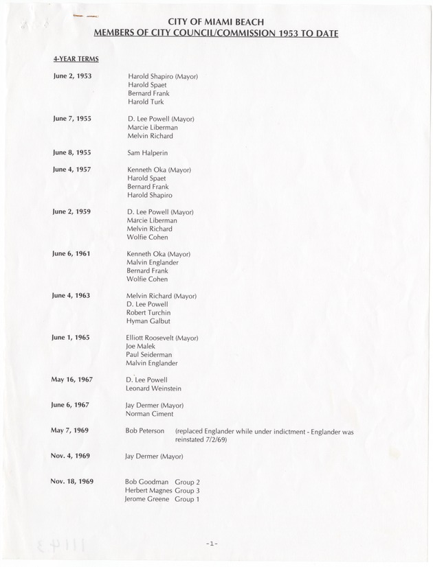 List of Miami Beach Members of City Council/Commission 1953 to 1993 - 