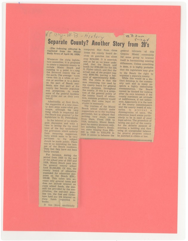 Miami Beach Daily Sun: Separate County to Be Project of Civic League - 