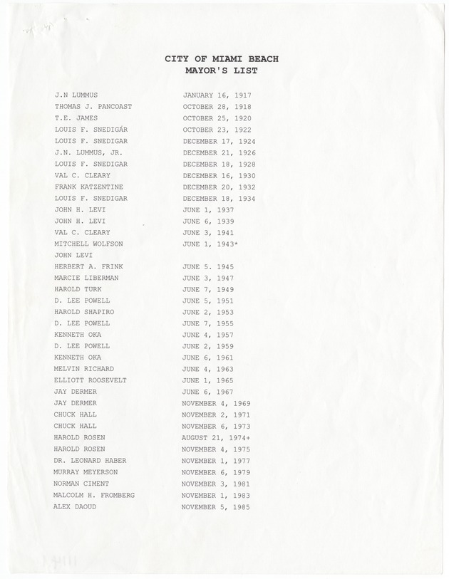 Miami Beach Mayors From 1917 - 2001 - 