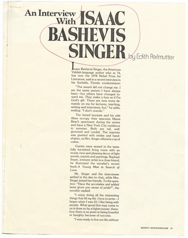 An Interview With Isaac Bashevis Singer by Edith Perlmutter - 
