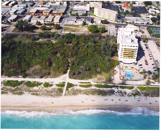 Aerial views of Miami Beach - Photograph, recto: [Aerial view of green space and buildings in Miami Beach from the ocean]
