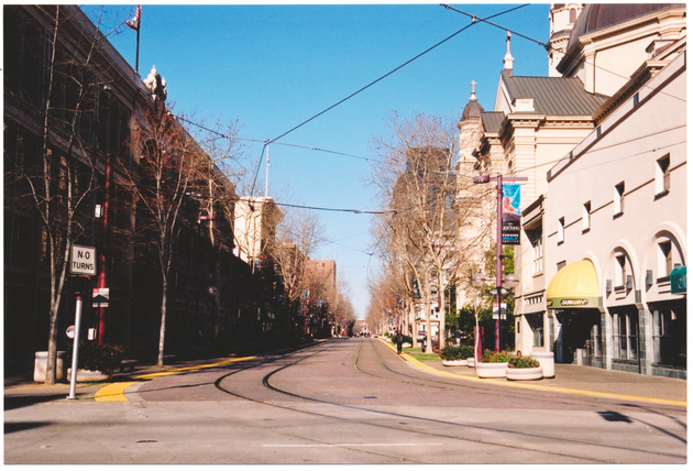 Streets of San Francisco, California, showing tram cables - 