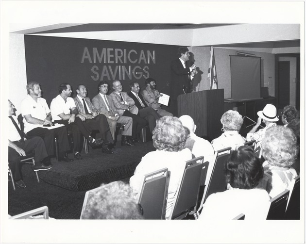 American Savings President Harry Mildner, City Manager Rob W. Parkins, Commissioner Bruce Singer, Commissioner Sidney Weisburd, Vice Mayor William Shockett, Commissioner Abe Resnick, Commissioner Ben Grenald, and Alex Daoud at Miami Beach Retirees event - 