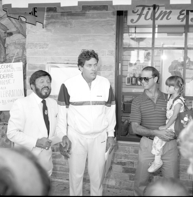 Moderne Pharmacy - Negative: [View of Ben Grenald, Alex Daoud, Bruce Singer at a pharmacy]