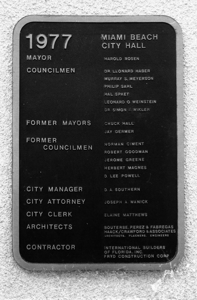 Miami Beach Plaques - Negative: [View of 1977 Miami Beach City Council plaque]