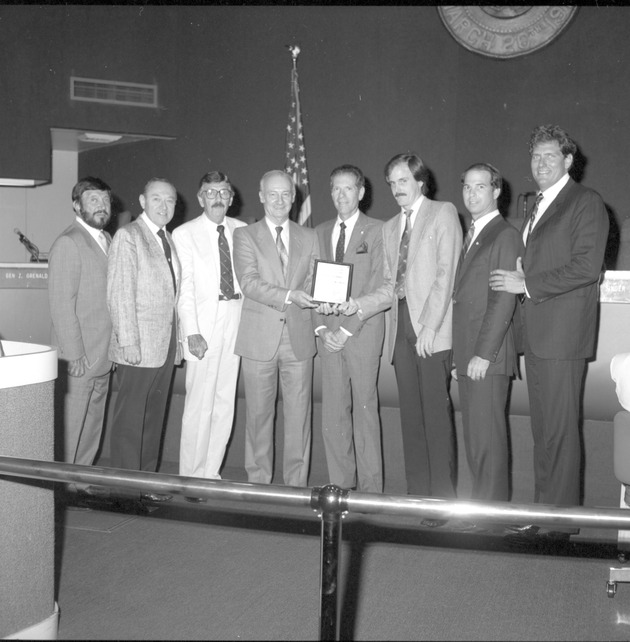 Commissioners and Mayor Alex Daoud presenting Ron M. Kent Day - Negative: [View of Vice-Mayor Ben Grenald, Commissioners Sidney Weisburd, unidentified man, Abe Resnick presenting award to Stanley Arkin, unidentified man, Bruce Singer, and Mayor Alex Daoud]
