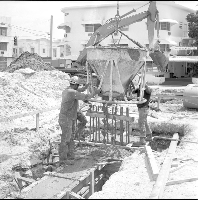 Miami Beach construction sites, 1980s - Negative: [View of construction equipment and site by Shelborne Hotel, South Beach]