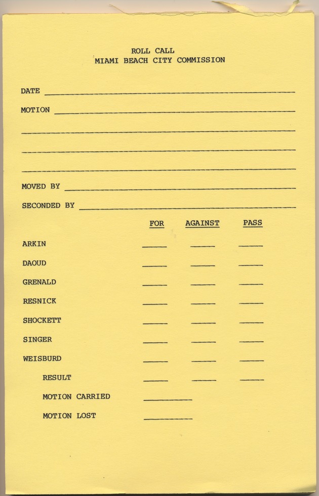 Copy of vote pad used in Commission meetings, 1980s - Document, recto: [View of Roll Call page for Alex Doaud time in office]