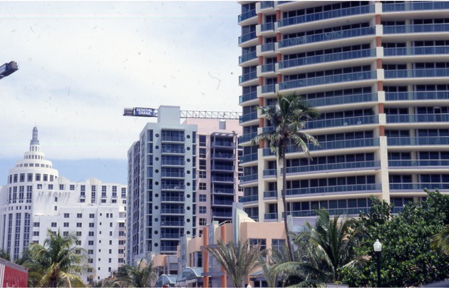 St. Moritz Tower at the Loews Miami Beach Hotel on Collins Avenue with a Central Crane in the foreground