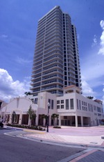 Entrance of Tall Miami Beach building