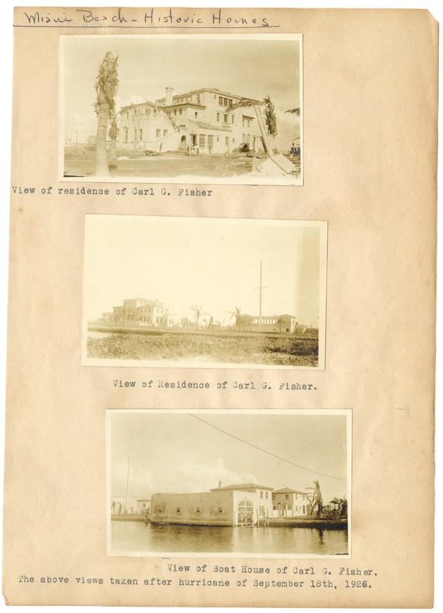 Three views of the Carl G. Fisher estate and residence by the ocean. Photographs taken after the 1926 hurricane, Miami Beach - Recto Photograph