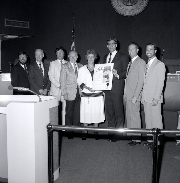 Images of Miami Beach Commissioners and Commission Meeting - View of Ben Grenald, Abe Resnick, William Shockett, Sidney Weisburd, Alex Doaud, Stanley Arkin, Bruce Singer and others at a Commission meeting
