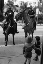 Police horses, stiltwalker