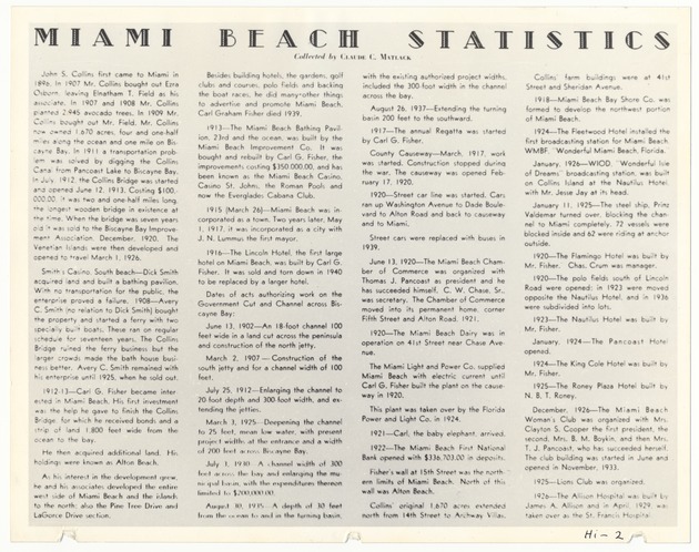 Carl G. Fisher Album Miami Beach Statistics - Recto