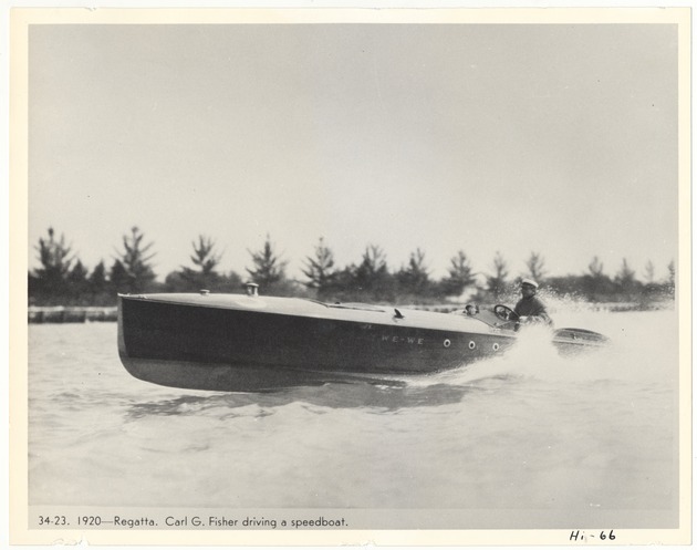 Carl G. Fisher driving a speedboat during a regatta - Recto Photograph