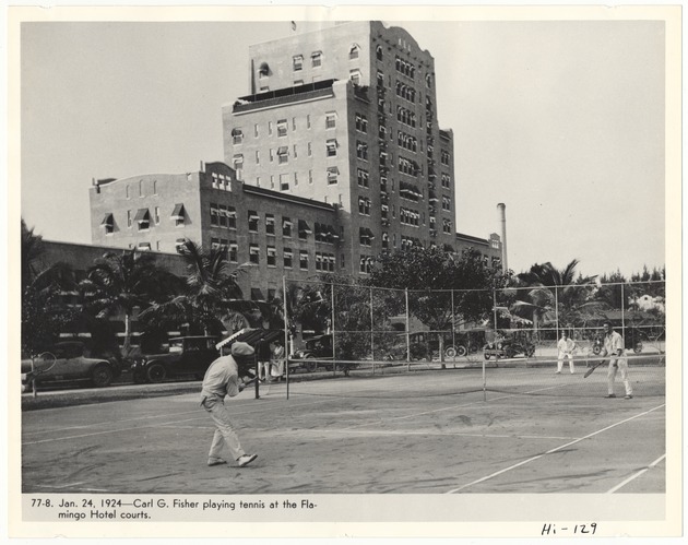 Carl G. Fisher playing tennis at the Flamingo Hotel courts - Recto Photograph