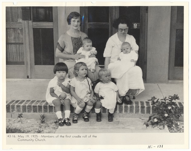 Two women and several young children on Community Church steps - Recto Photograph