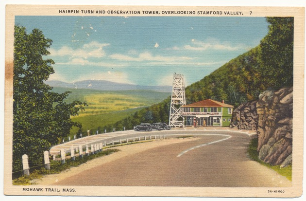 Hairpin Turn and Observation Tower, Overlooking Stamford Valley, Mohawk Trail, Mass. - Recto