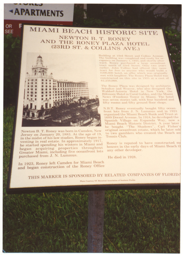 Newton B.T. Roney and the Roney Plaza Hotel marker - 