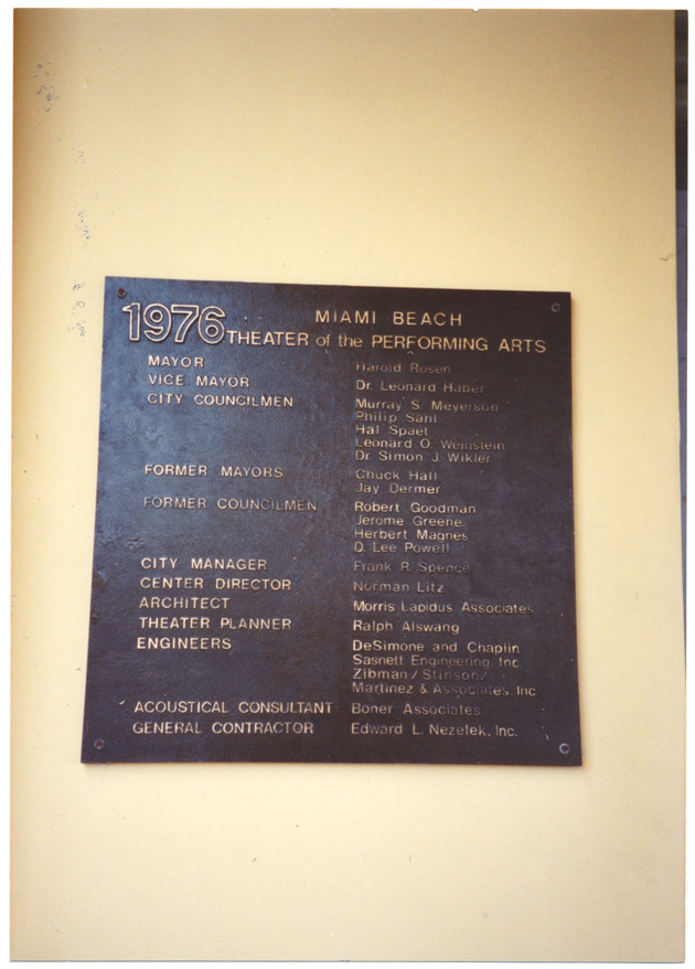 Miami Beach Theater of the Performing Arts 1976 Plaque - 