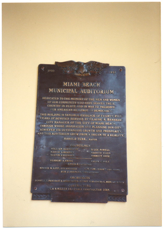 Miami Beach Municipal Auditorium plaque - 
