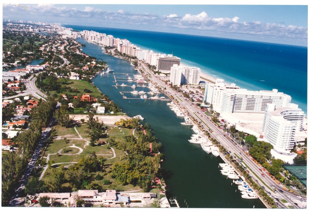 Indian Creek, looking north, showing Pinetree Park and hotels along Collins Avenue - 