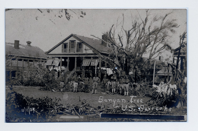 Hurricane damage to the banyan tree at the Army Barracks
