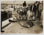 Captain Demeritt with fishing party and catch of ocean sunfish