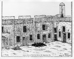 A pen and ink drawing of the interior of the Castillo de San Marcos, based off a view from a very old photograph