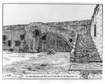 A pen and ink drawing of the interior of the Castillo de San Marcos detailing the staircase leading to the gun deck, based off a view from a very old photograph