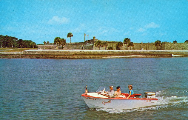 A postcard of boaters on Matanzas Bay in front of the Castillo de San Marcos, looking West, ca. 1965 - Front