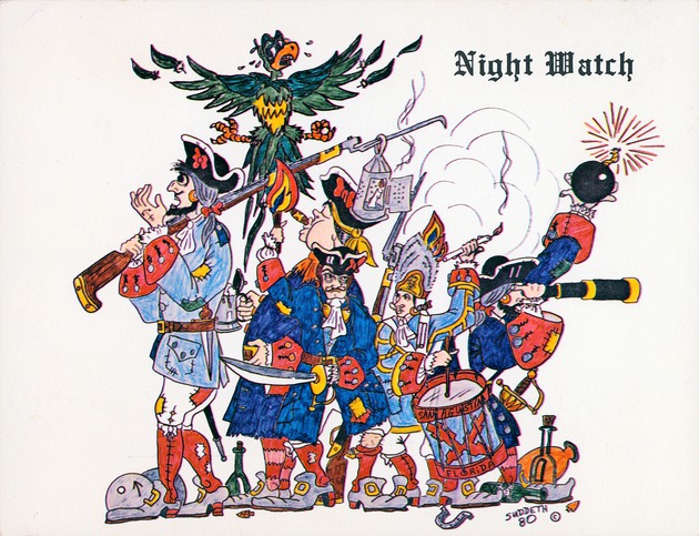 A postcard illustrated with a cartoon of caricatured Spanish soldiers made for the Night Watch celebration, ca. 1965 - Front