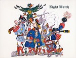 A postcard illustrated with a cartoon of caricatured Spanish soldiers made for the Night Watch celebration, ca. 1965