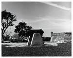 A mounted cannon on display near the entrance to the Castillo de San Marcos, looking West, 1965