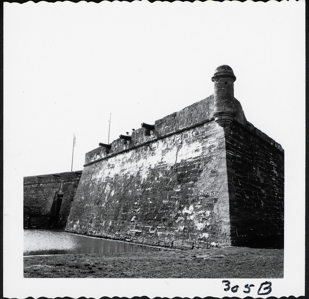 The southeast bastion of the Castillo de San Marcos with the entrance in the rear left, looking Northwest, ca. 1960