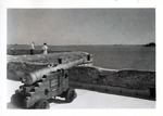 [1960] A cannon on the terreplein of the Castillo de San Marcos, with the northeast bastion on the left side of the photograph, looking out over Matanzas Bay and the St. Augustine Inlet, looking Northeast, ca. 1960