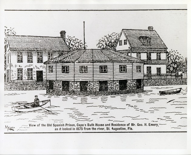 View of the Old Spanish Prison, Capo's Bath House and Residence of Mr. Geo. H. Emery, as it looked in 1875 from the river, St. Augustine, Fla. - 