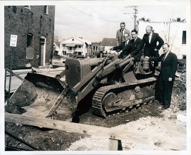 [Groundbreaking ceremony on the site of the Casa del Hidalgo with Jerry Butler, L. O. Butler, Señor Luis Jordana, General H. W. McMillan, and Earle W. Newton, looking Northeast, 1965] - 
