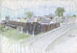 [Rendering of a reconstruction of the San Domingo Redoubt on the Cubo defensive line, at the corner of present-day Orange Street and Cordova Street, looking Southeast, 1996]