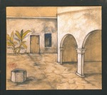 [Original sketch of the courtyard of the Salcedo House showing the loggia, looking West toward the Salcedo Kitchen]