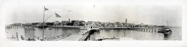 A panoramic view of the historic bayfront from the end of the dock at Capo's Bath House, looking West, ca. 1900
