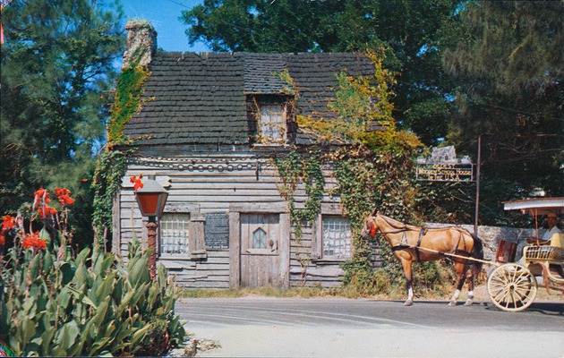 Postcard of the Oldest School House with Horse Carriage, from St. George Street, looking West - 