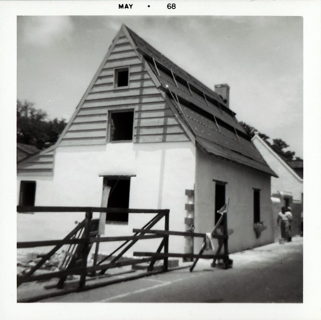 Construction of the Ortega House, finishing roof, from St. George Street, looking Northwest, 1968