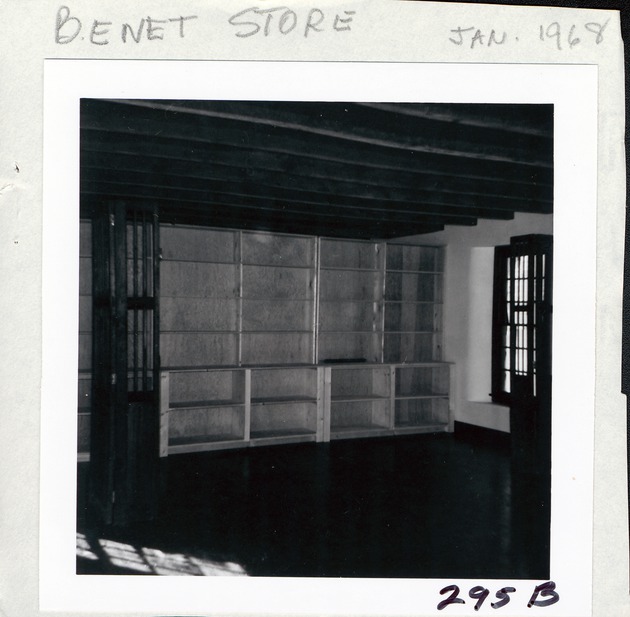 Construction of the Benet Store, first floor interior view, display cases and shelving, 1968