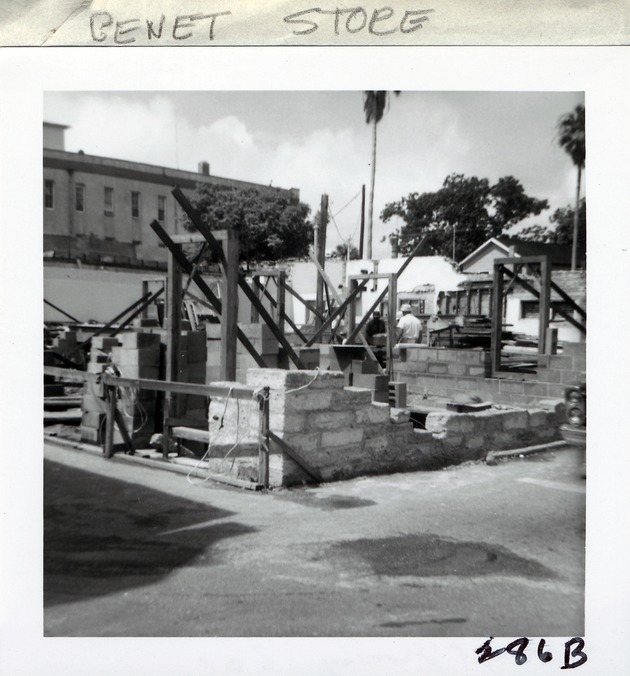 Construction of the Benet Store from the corner of St. George Street and Cuna Street, looking Southwest, 1967