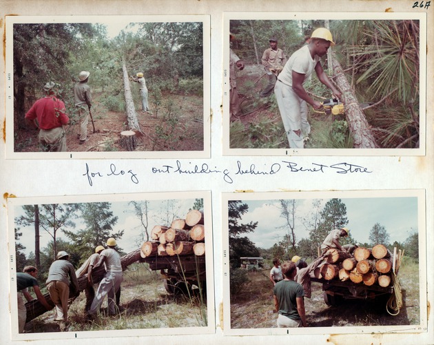 Logging raw material for outbuilding behind the Benet store, 1967