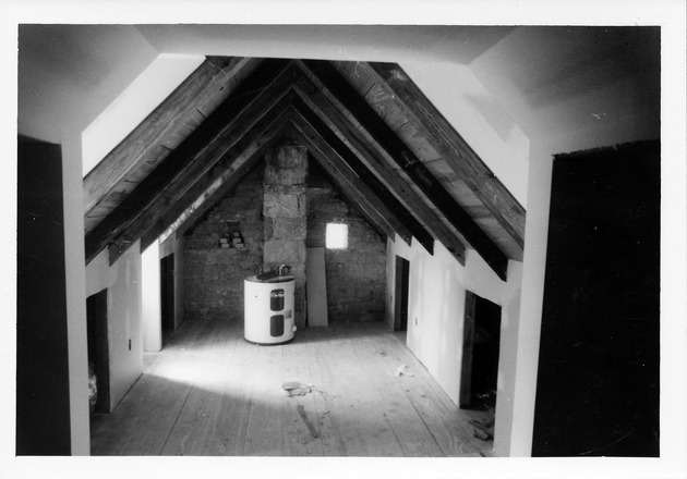 Restoration of Joaneda House, interior view, second floor with water heater, looking West