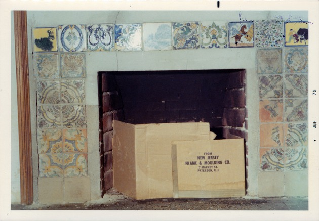 Tile work on fireplace mantel in Sanchez House, 1970