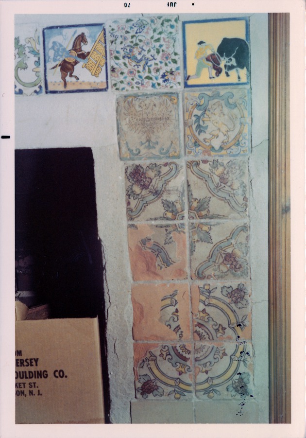 Detail of tile work on fireplace mantel in Sanchez House, right side, 1970