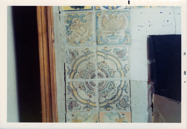 Detail of tile work on fireplace mantel in Sanchez House, left side, 1970